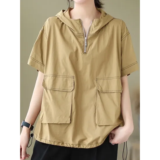 Zipper Loose Short Sleeves Hooded T-Shirts Tops Zipper Loose Short Sleeves Hooded T-Shirts Tops