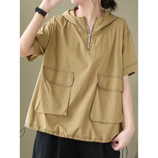 Zipper Loose Short Sleeves Hooded T-Shirts Tops Zipper Loose Short Sleeves Hooded T-Shirts Tops