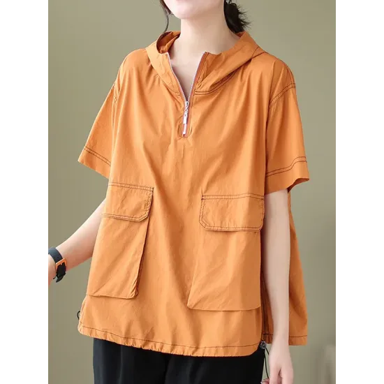 Zipper Loose Short Sleeves Hooded T-Shirts Tops Zipper Loose Short Sleeves Hooded T-Shirts Tops