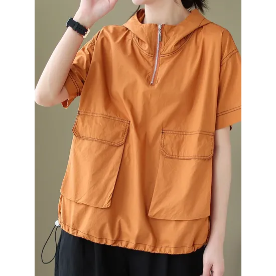 Zipper Loose Short Sleeves Hooded T-Shirts Tops Zipper Loose Short Sleeves Hooded T-Shirts Tops