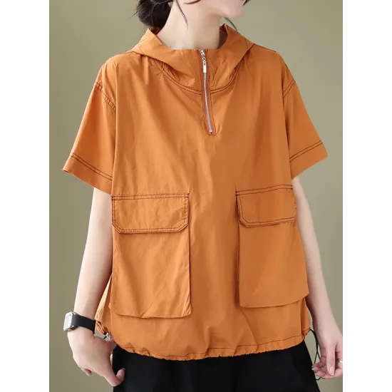 Zipper Loose Short Sleeves Hooded T-Shirts Tops Zipper Loose Short Sleeves Hooded T-Shirts Tops