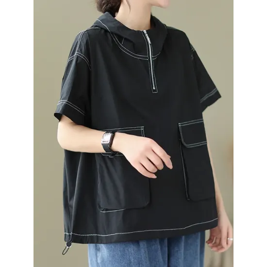 Zipper Loose Short Sleeves Hooded T-Shirts Tops Zipper Loose Short Sleeves Hooded T-Shirts Tops