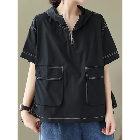 Zipper Loose Short Sleeves Hooded T-Shirts Tops Zipper Loose Short Sleeves Hooded T-Shirts Tops