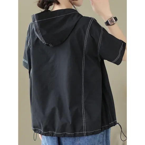 Zipper Loose Short Sleeves Hooded T-Shirts Tops Zipper Loose Short Sleeves Hooded T-Shirts Tops