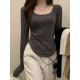 Solid Color Long Sleeves Skinny Square-Neck T-Shirts Tops Solid Color Long Sleeves Skinny Square-Neck T-Shirts Tops