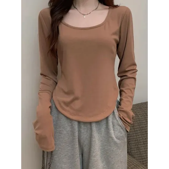 Solid Color Long Sleeves Skinny Square-Neck T-Shirts Tops Solid Color Long Sleeves Skinny Square-Neck T-Shirts Tops