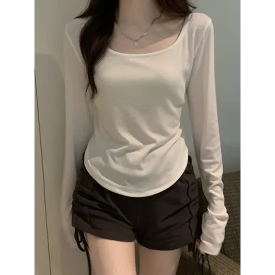 Solid Color Long Sleeves Skinny Square-Neck T-Shirts Tops Solid Color Long Sleeves Skinny Square-Neck T-Shirts Tops
