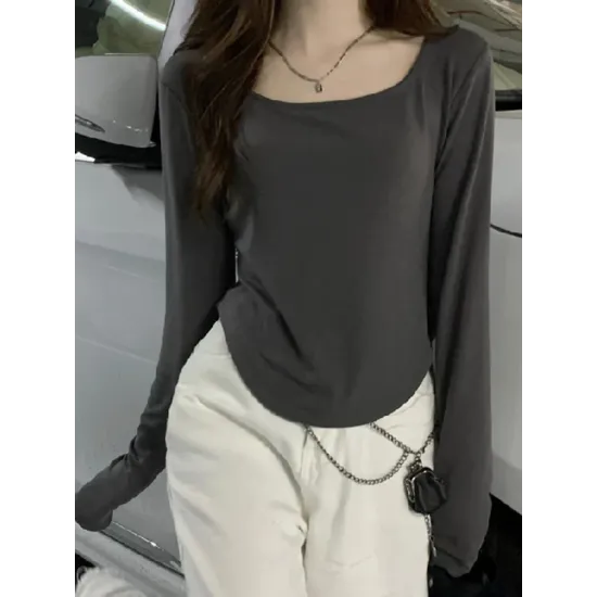 Solid Color Long Sleeves Skinny Square-Neck T-Shirts Tops Solid Color Long Sleeves Skinny Square-Neck T-Shirts Tops