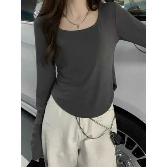 Solid Color Long Sleeves Skinny Square-Neck T-Shirts Tops Solid Color Long Sleeves Skinny Square-Neck T-Shirts Tops