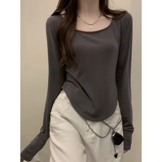 Solid Color Long Sleeves Skinny Square-Neck T-Shirts Tops Solid Color Long Sleeves Skinny Square-Neck T-Shirts Tops