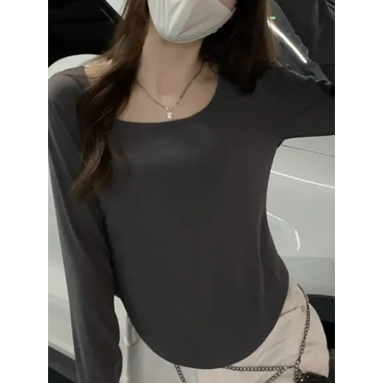 Solid Color Long Sleeves Skinny Square-Neck T-Shirts Tops Solid Color Long Sleeves Skinny Square-Neck T-Shirts Tops