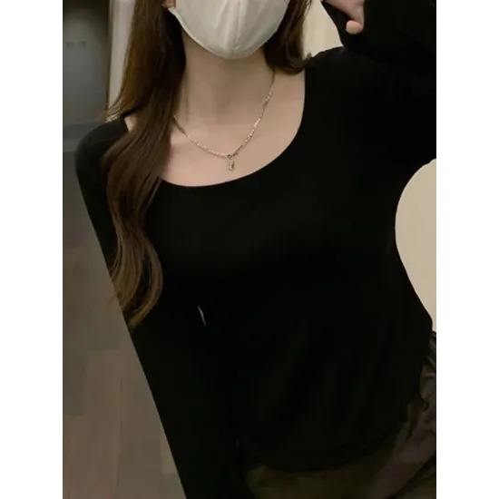 Solid Color Long Sleeves Skinny Square-Neck T-Shirts Tops Solid Color Long Sleeves Skinny Square-Neck T-Shirts Tops