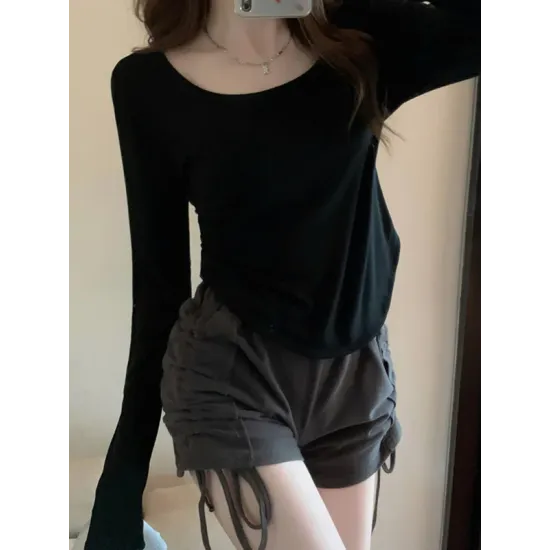Solid Color Long Sleeves Skinny Square-Neck T-Shirts Tops Solid Color Long Sleeves Skinny Square-Neck T-Shirts Tops