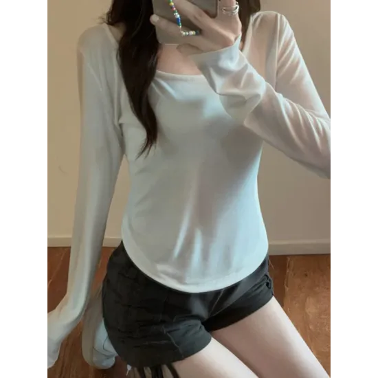 Solid Color Long Sleeves Skinny Square-Neck T-Shirts Tops Solid Color Long Sleeves Skinny Square-Neck T-Shirts Tops