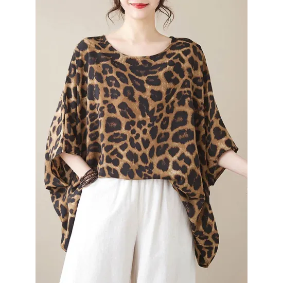 Leopard Batwing Sleeves Loose Round-Neck T-Shirts Tops Leopard Batwing Sleeves Loose Round-Neck T-Shirts Tops