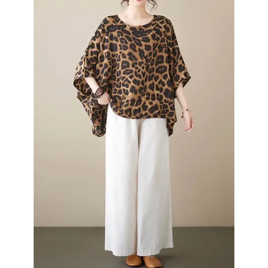 Leopard Batwing Sleeves Loose Round-Neck T-Shirts Tops Leopard Batwing Sleeves Loose Round-Neck T-Shirts Tops