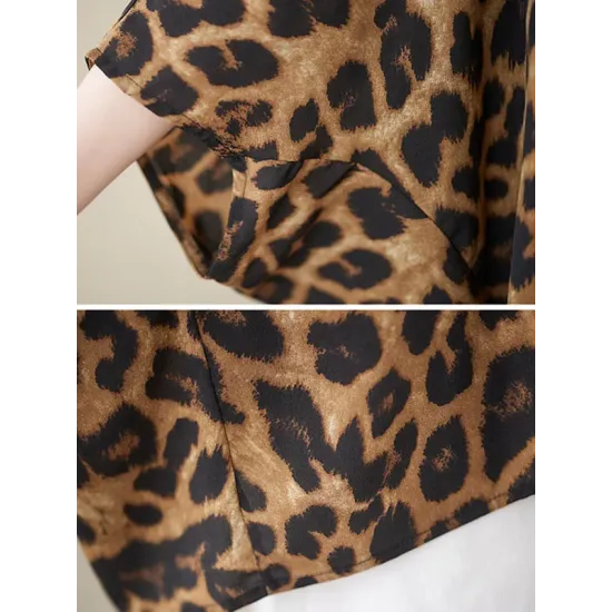 Leopard Batwing Sleeves Loose Round-Neck T-Shirts Tops Leopard Batwing Sleeves Loose Round-Neck T-Shirts Tops