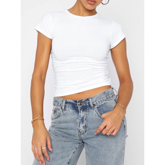 Solid Color Short Sleeves Skinny Round-Neck T-Shirts Solid Color Short Sleeves Skinny Round-Neck T-Shirts