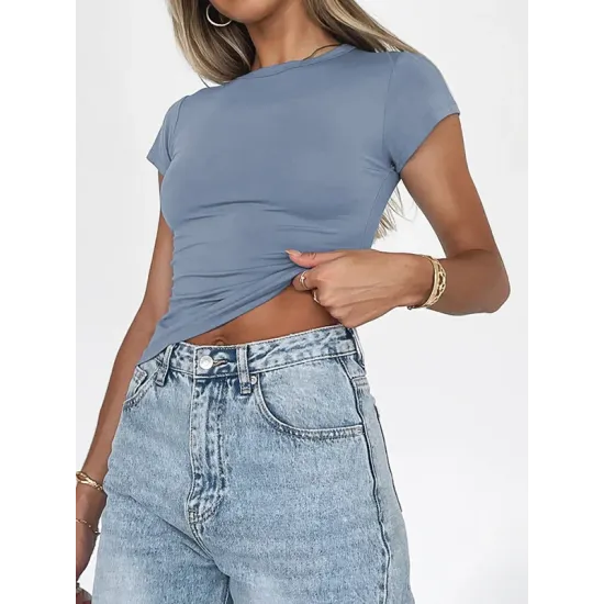 Solid Color Short Sleeves Skinny Round-Neck T-Shirts Solid Color Short Sleeves Skinny Round-Neck T-Shirts