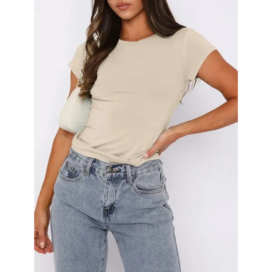 Solid Color Short Sleeves Skinny Round-Neck T-Shirts Solid Color Short Sleeves Skinny Round-Neck T-Shirts