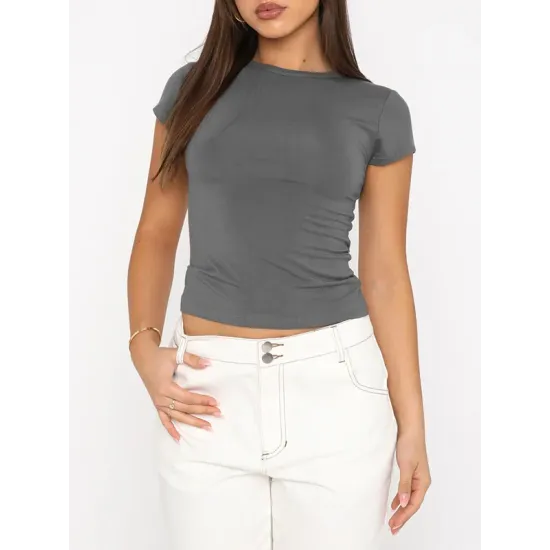 Solid Color Short Sleeves Skinny Round-Neck T-Shirts Solid Color Short Sleeves Skinny Round-Neck T-Shirts