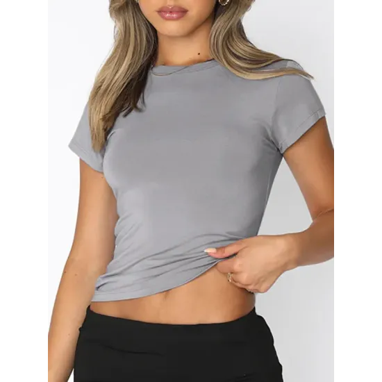 Solid Color Short Sleeves Skinny Round-Neck T-Shirts Solid Color Short Sleeves Skinny Round-Neck T-Shirts