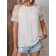 See-Through Lace Split-Joint Loose Short Sleeves Round-Neck T-Shirts Tops See-Through Lace Split-Joint Loose Short Sleeves Round-Neck T-Shirts Tops