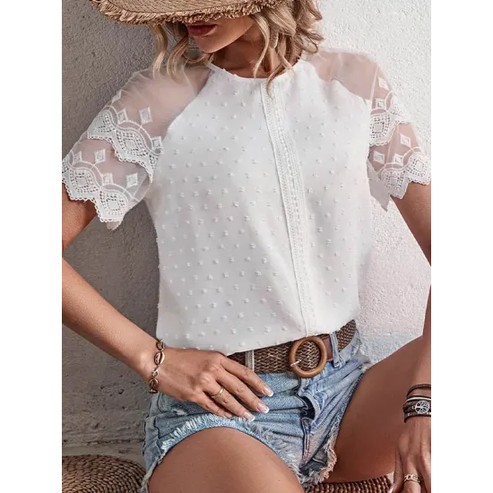 See-Through Lace Split-Joint Loose Short Sleeves Round-Neck T-Shirts Tops See-Through Lace Split-Joint Loose Short Sleeves Round-Neck T-Shirts Tops