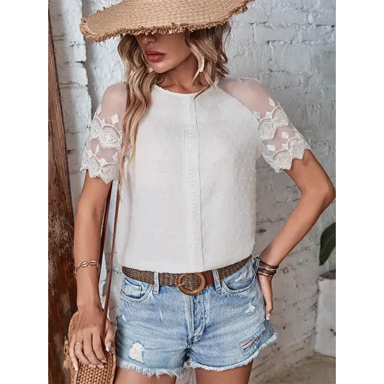 See-Through Lace Split-Joint Loose Short Sleeves Round-Neck T-Shirts Tops See-Through Lace Split-Joint Loose Short Sleeves Round-Neck T-Shirts Tops