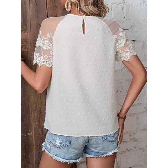 See-Through Lace Split-Joint Loose Short Sleeves Round-Neck T-Shirts Tops See-Through Lace Split-Joint Loose Short Sleeves Round-Neck T-Shirts Tops