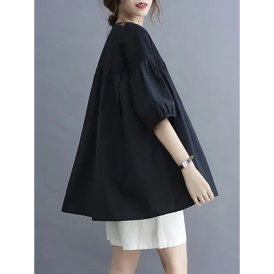 Hollow Pleated Solid Color Split-Joint Half Sleeves Loose V-Neck T-Shirts Hollow Pleated Solid Color Split-Joint Half Sleeves Loose V-Neck T-Shirts