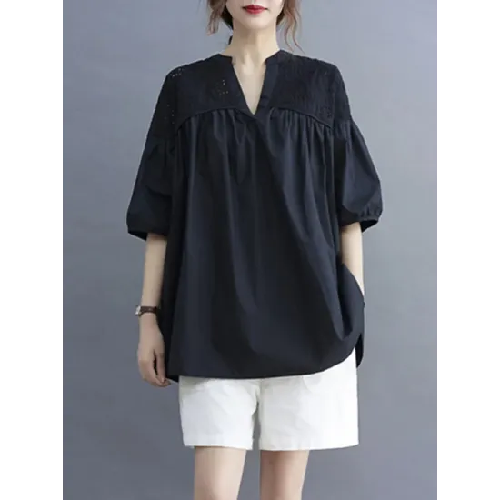 Hollow Pleated Solid Color Split-Joint Half Sleeves Loose V-Neck T-Shirts Hollow Pleated Solid Color Split-Joint Half Sleeves Loose V-Neck T-Shirts