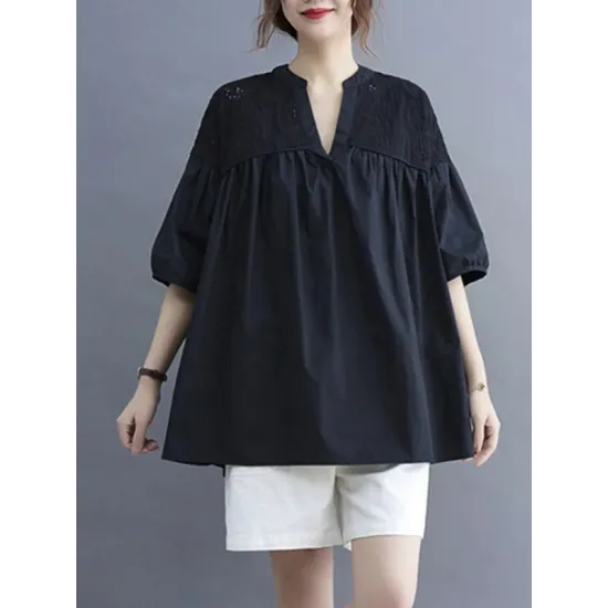 Hollow Pleated Solid Color Split-Joint Half Sleeves Loose V-Neck T-Shirts Hollow Pleated Solid Color Split-Joint Half Sleeves Loose V-Neck T-Shirts