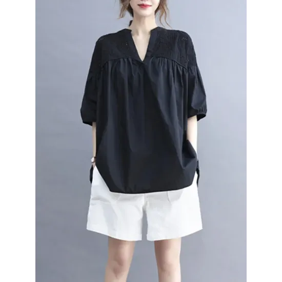Hollow Pleated Solid Color Split-Joint Half Sleeves Loose V-Neck T-Shirts Hollow Pleated Solid Color Split-Joint Half Sleeves Loose V-Neck T-Shirts