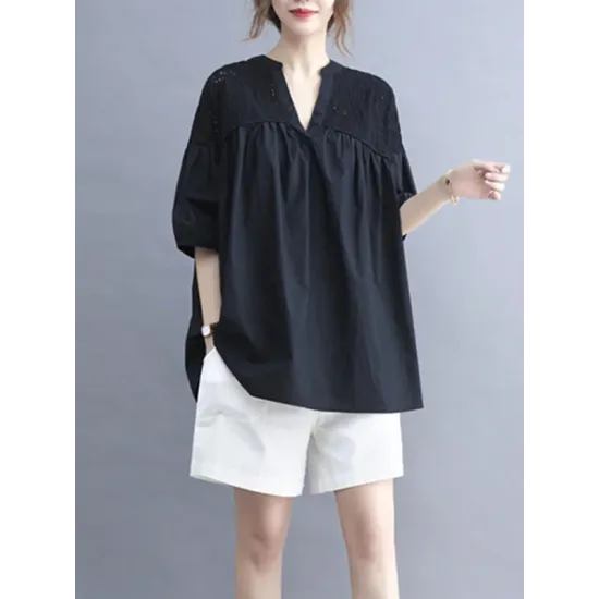 Hollow Pleated Solid Color Split-Joint Half Sleeves Loose V-Neck T-Shirts Hollow Pleated Solid Color Split-Joint Half Sleeves Loose V-Neck T-Shirts