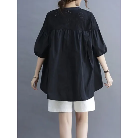 Hollow Pleated Solid Color Split-Joint Half Sleeves Loose V-Neck T-Shirts Hollow Pleated Solid Color Split-Joint Half Sleeves Loose V-Neck T-Shirts