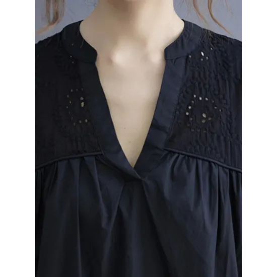 Hollow Pleated Solid Color Split-Joint Half Sleeves Loose V-Neck T-Shirts Hollow Pleated Solid Color Split-Joint Half Sleeves Loose V-Neck T-Shirts