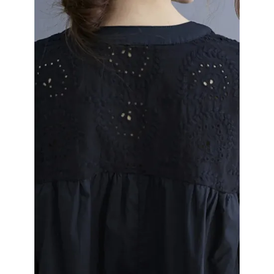 Hollow Pleated Solid Color Split-Joint Half Sleeves Loose V-Neck T-Shirts Hollow Pleated Solid Color Split-Joint Half Sleeves Loose V-Neck T-Shirts