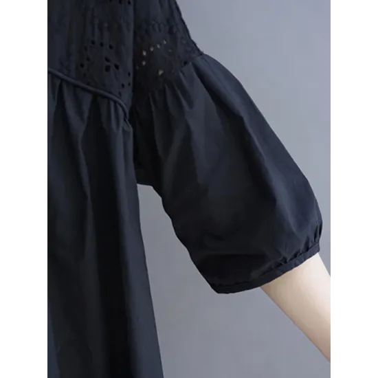 Hollow Pleated Solid Color Split-Joint Half Sleeves Loose V-Neck T-Shirts Hollow Pleated Solid Color Split-Joint Half Sleeves Loose V-Neck T-Shirts