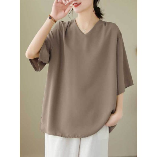 Solid Color Loose Short Sleeves V-Neck T-Shirts Solid Color Loose Short Sleeves V-Neck T-Shirts
