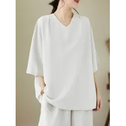 Solid Color Loose Short Sleeves V-Neck T-Shirts
