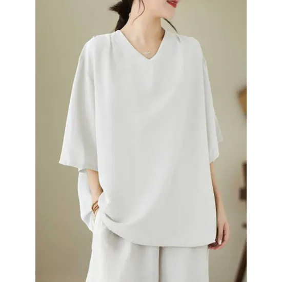 Solid Color Loose Short Sleeves V-Neck T-Shirts Solid Color Loose Short Sleeves V-Neck T-Shirts