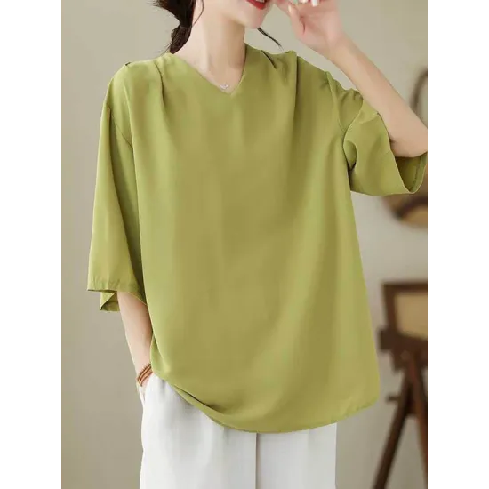Solid Color Loose Short Sleeves V-Neck T-Shirts Solid Color Loose Short Sleeves V-Neck T-Shirts