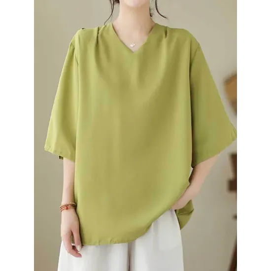 Solid Color Loose Short Sleeves V-Neck T-Shirts Solid Color Loose Short Sleeves V-Neck T-Shirts