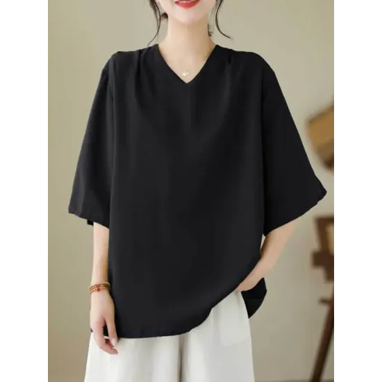 Solid Color Loose Short Sleeves V-Neck T-Shirts Solid Color Loose Short Sleeves V-Neck T-Shirts