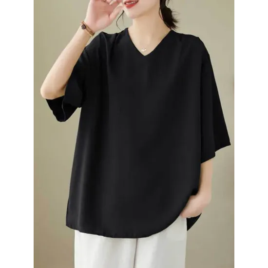 Solid Color Loose Short Sleeves V-Neck T-Shirts Solid Color Loose Short Sleeves V-Neck T-Shirts