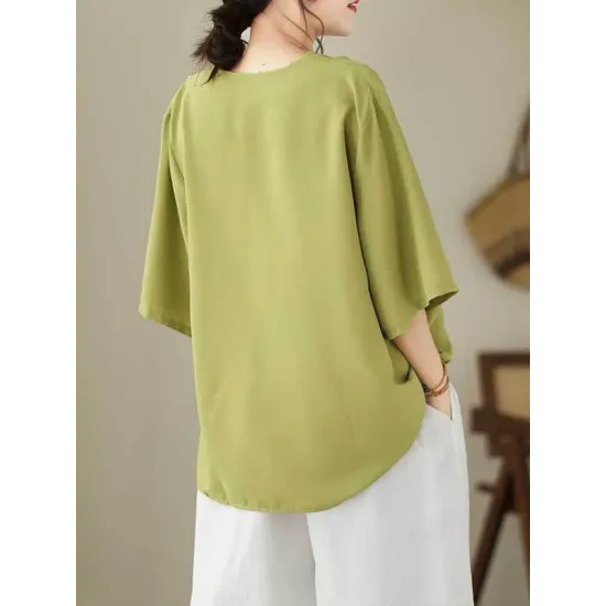 Solid Color Loose Short Sleeves V-Neck T-Shirts Solid Color Loose Short Sleeves V-Neck T-Shirts