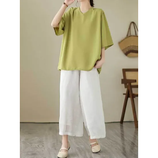 Solid Color Loose Short Sleeves V-Neck T-Shirts Solid Color Loose Short Sleeves V-Neck T-Shirts