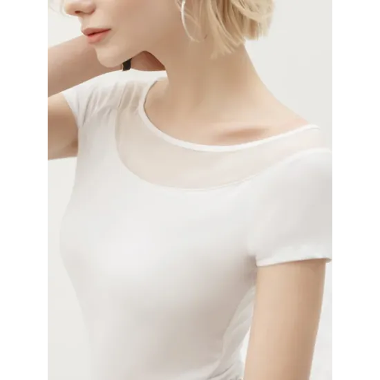 Gauze See-Through Split-Joint Short Sleeves Skinny Boat Neck T-Shirts Gauze See-Through Split-Joint Short Sleeves Skinny Boat Neck T-Shirts