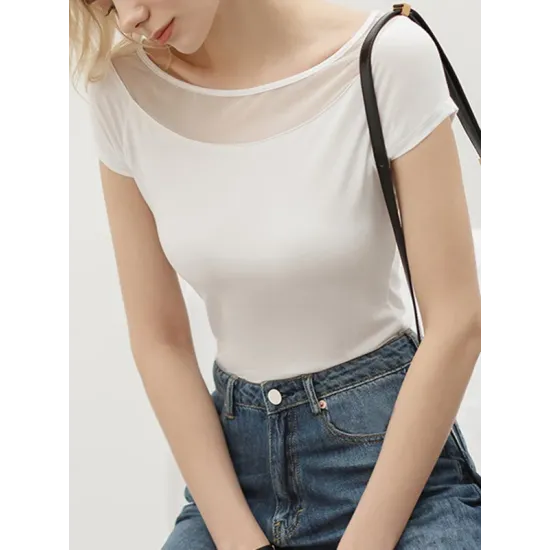Gauze See-Through Split-Joint Short Sleeves Skinny Boat Neck T-Shirts Gauze See-Through Split-Joint Short Sleeves Skinny Boat Neck T-Shirts